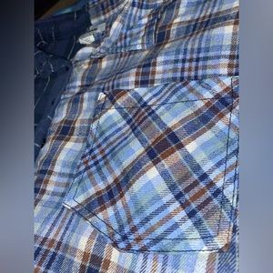 Crop top button up. One tan and another blue. Blue 2X and tan XL